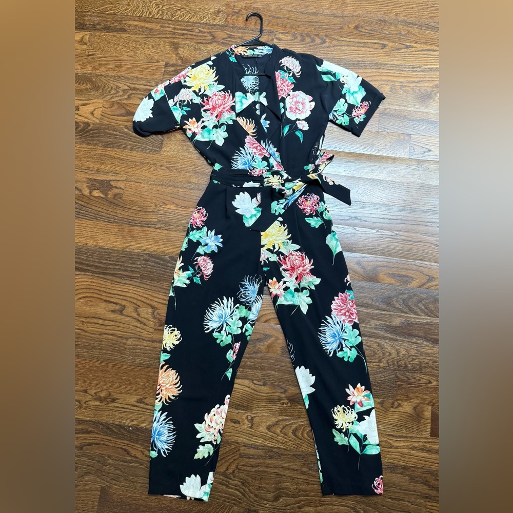 Zara Black Floral Jumpsuit with Wrap-Style Top